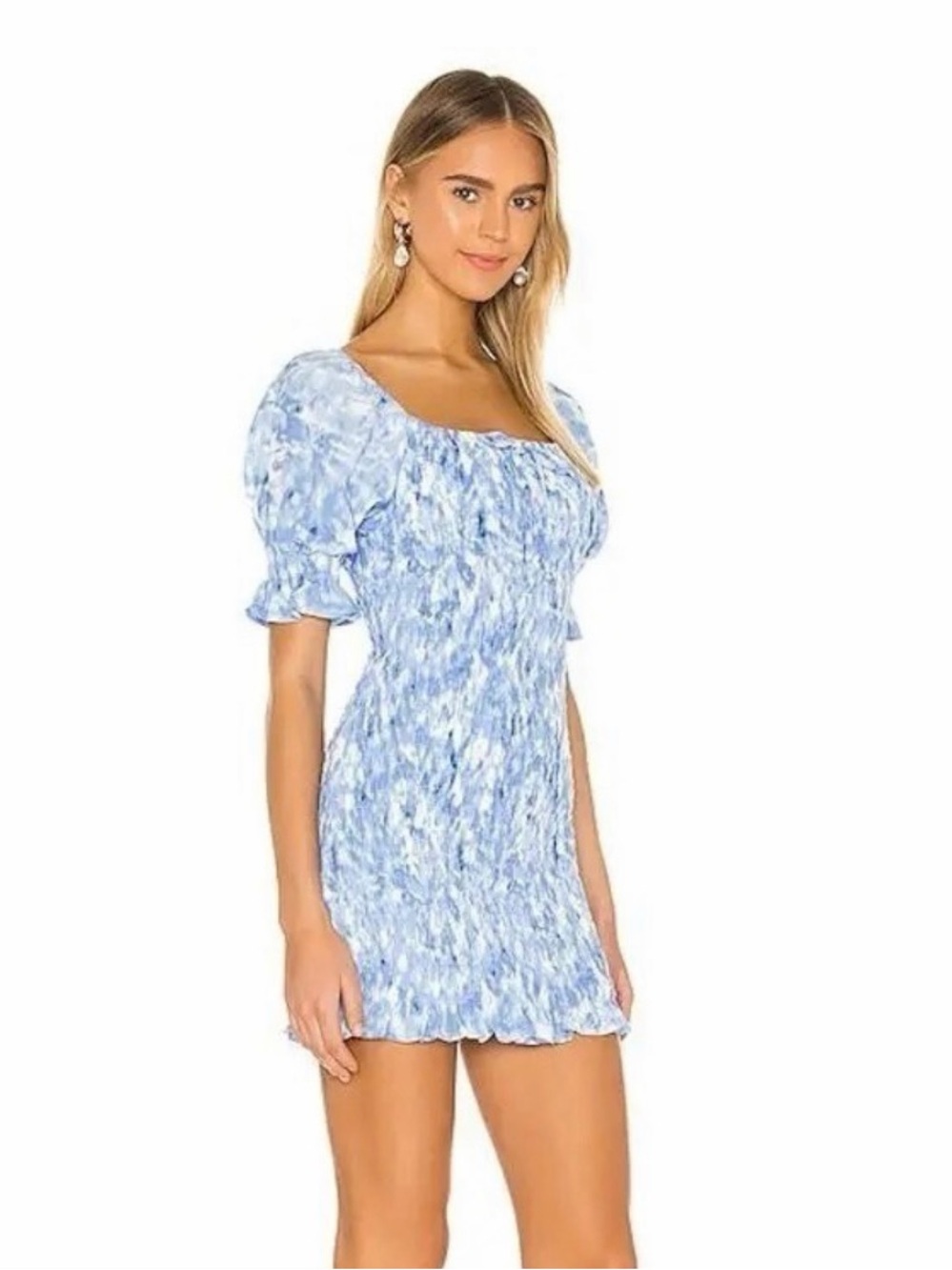 Faithfull the Brand Magnolia Mini Dress Blue Smocked Puff-Sleeve Mini Dress